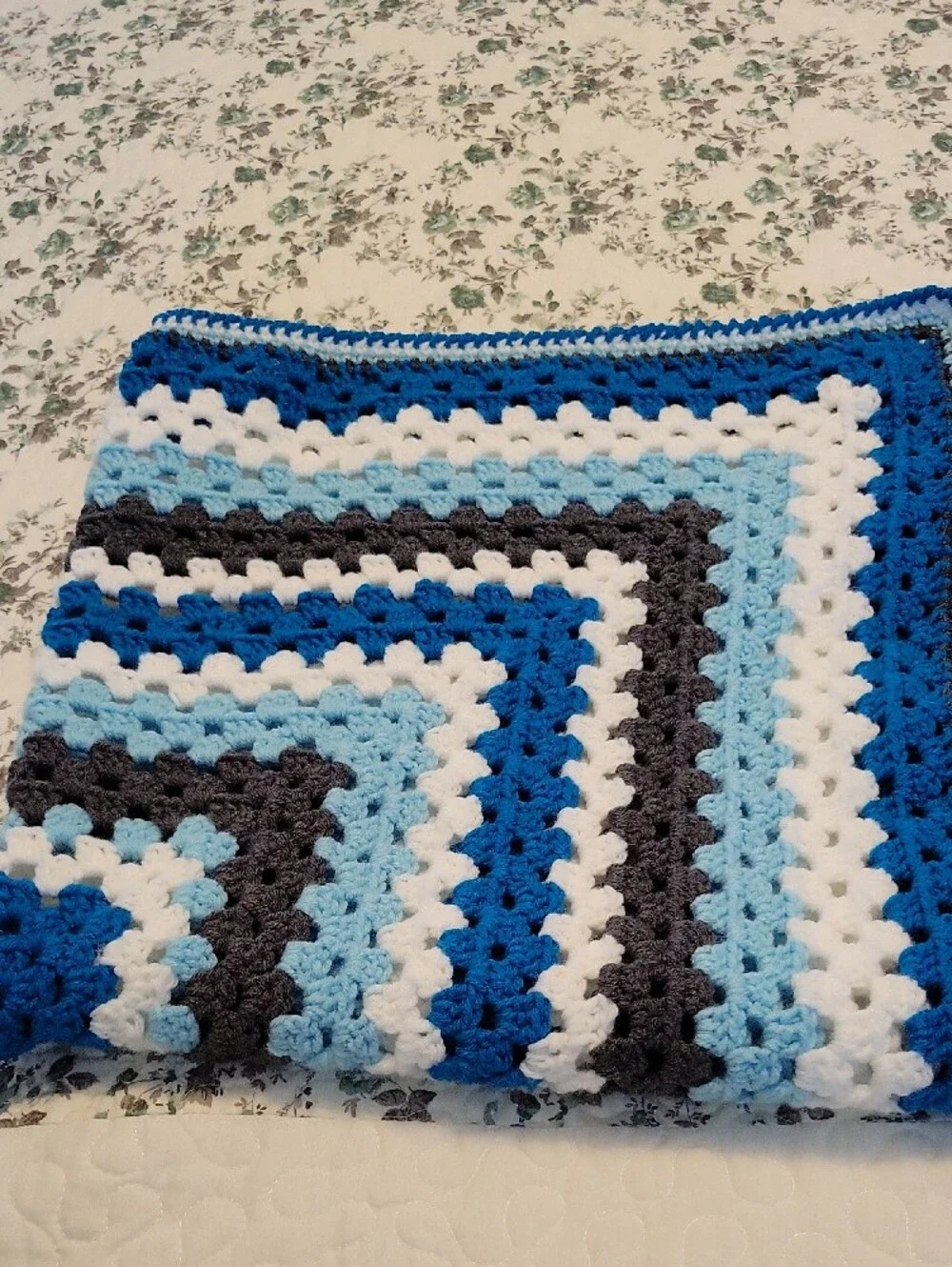 Hand Crafted Blue, Light Blue, White, and Gray Crochet Throw